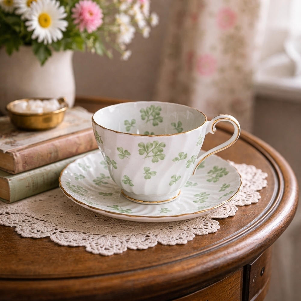 Aynsley England Fine Bone China Shamrock Teacup Saucer Gold Trim Irish Tea Cup